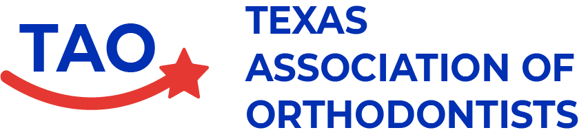 Logo for the Texas Association of Orthodontists, featuring "TAO" in blue and a red star curve, with Elara Orthodontics in Richmond or Houston, TX.