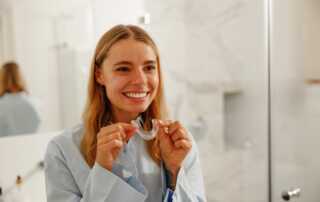 a person smiling, looking at the mirror while holding an Invisalign clear aligner, one of the best alternatives to braces in Houston and Richmond, TX