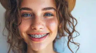 A young woman with curly hair, freckles, and a tan hat smiles confidently, showcasing her braces and Smile Design from Elara Orthodontics in Richmond or Houston, TX.
